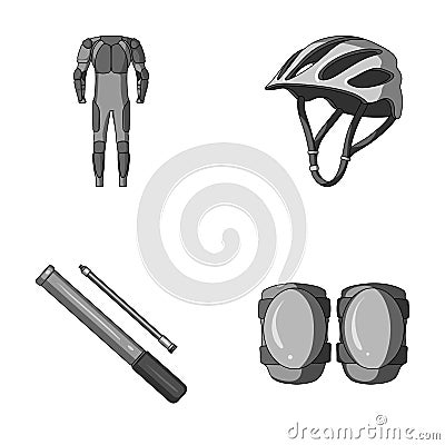 Full-body suit for the rider, helmet, pump with a hose, knee protectors.Cyclist outfit set collection icons in Vector Illustration