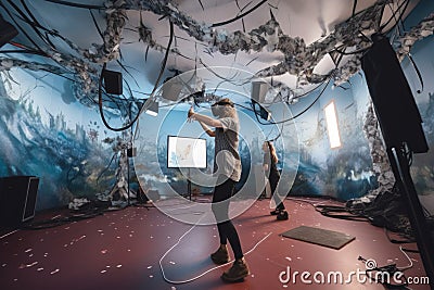 full-body virtual reality experience, with participants exploring different worlds and dimensions Stock Photo