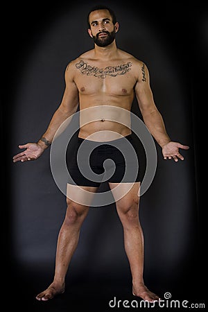 Full body of Young Man in Black Underwear Stock Photo