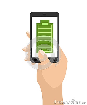 Full charge of smartphone battery. Green accumulator. Hand hold Vector Illustration