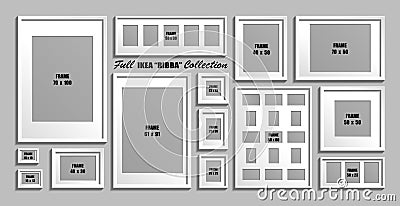 Full collection of IKEA Ribba photo frames. Real sizes. Vector set of white picture frames with passepartout Vector Illustration