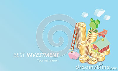 Full color bitcoin concept vector illustration of home , stair, piggy bank savings and making investments for bitcoin and blockcha Vector Illustration
