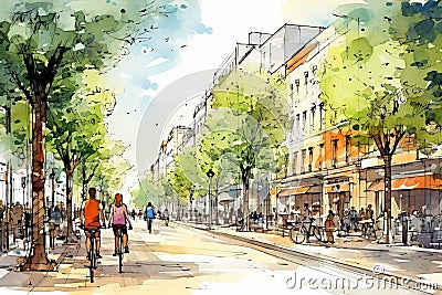 Full color cartoon sketch of abstract city center with pedestrian zone, people, trees and buildings Stock Photo