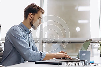 Full concentration at work. Handsome young beard man in shirt working on laptop while sitting at his working place Stock Photo