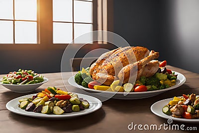 full cooked chicken on the dining room table, ai generative Stock Photo