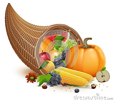 Full cornucopia for Thanksgiving feast day. Rich harvest of pumpkin, apple, corn, grapes, watermelon Vector Illustration