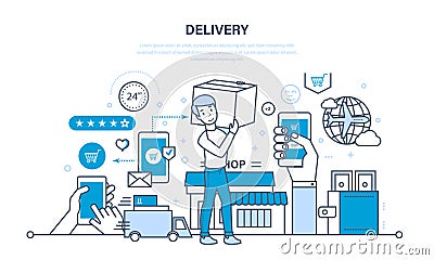 Full cycle of ordering, purchase of goods, delivery, transportation products. Vector Illustration