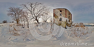 Full 360 degree panorama in equirectangular spherical projection old abandoned medieval mill in winter, VR content Stock Photo