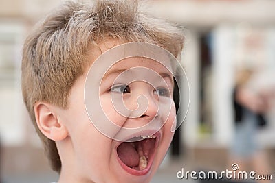 Full of emotions. Little child with stylish haircut. Little child with short haircut. Small boy with blond hair. Healthy Stock Photo