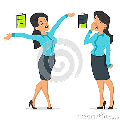 Full of energy businesswoman and tired or boring woman. Vector Illustration