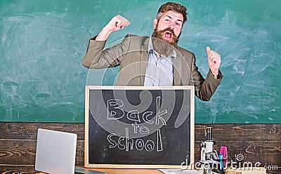 Full of energy after summer school holidays. Teacher educator welcomes new enrollees to begin study and get education Stock Photo