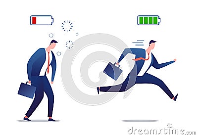 Full of energy and tired businessman. Stressed overworked and vigorous businessman. Powerful and flat person with full Vector Illustration