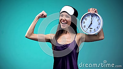 Full of energy woman wake up early in morning, healthy lifestyle, sleeping value Stock Photo