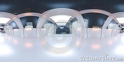 Full 360 panorama space ship corridor with white futuristic design and reflections 3d rendering illustration Cartoon Illustration