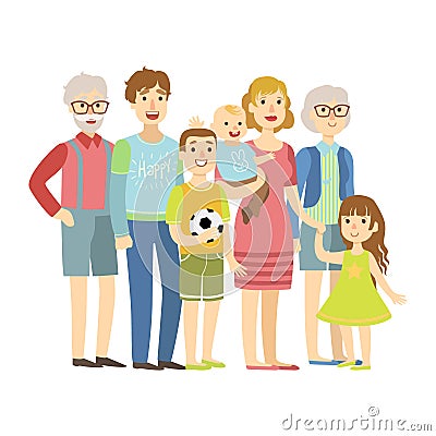 Full Family With Parents, Grandparents And Two Kids, Illustration From Happy Loving Families Series Vector Illustration