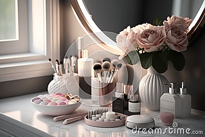 Full of feminine cosmetics arranged around a sink in a bathroom, created with Generative AI technology Stock Photo