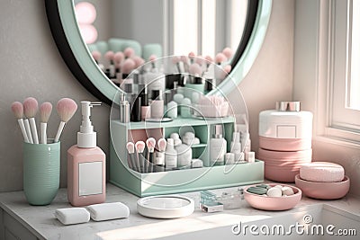 Full of feminine cosmetics arranged around a sink in a bathroom, created with Generative AI technology Stock Photo