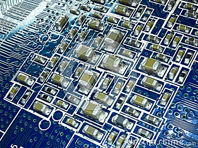 Full focus circuit board with microchips and other electronic components. Computer and networking communication technology Stock Photo