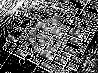 Full focus circuit board with microchips and other electronic components. Computer and networking communication technology Stock Photo