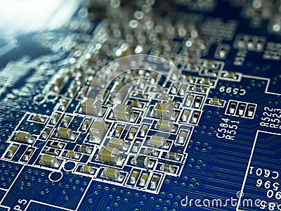 Full focus circuit board with microchips and other electronic components. Computer and networking communication technology Stock Photo