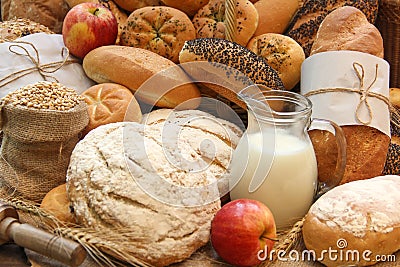 Full frame assorted European breads in rustic style Stock Photo