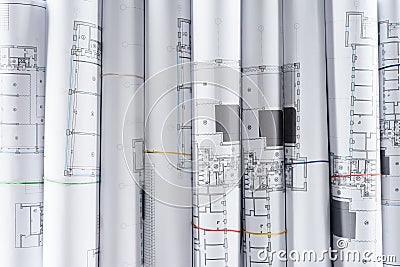 full frame image of arranged architect blueprints placed Stock Photo