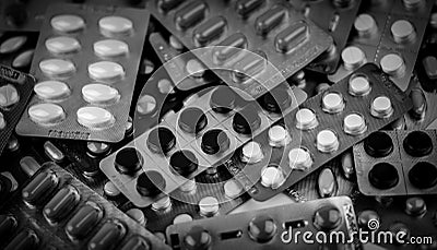 Full frame of pile of black and white photo of tablets pills in blister packs. Drug poisoning management concept. Heap of charcoal Stock Photo