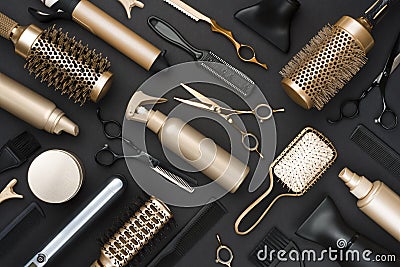 Full frame of professional hair dresser tools on black background Stock Photo