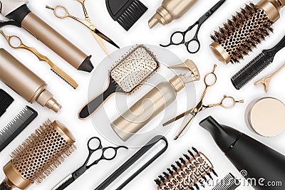 Full frame of professional hair dresser tools on white background Stock Photo
