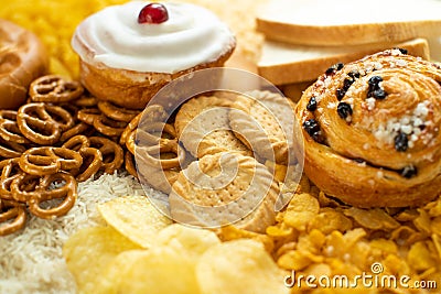 Full Frame Shot Of Foods Containing Unhealthy Or Bad Carbohydrates Stock Photo