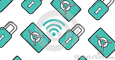 Full frame vector image of padlocks with lockers and wifi icon over white background Stock Photo