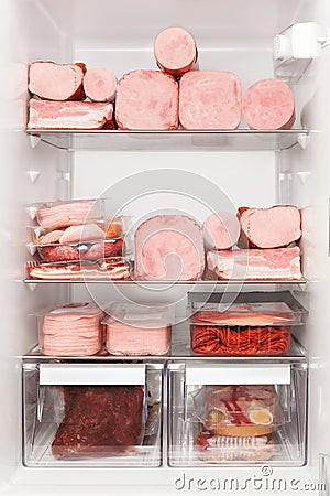 Full fridge of meat. Carnivore diet Stock Photo