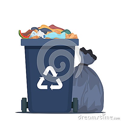 Full garbage bin and black plastic trash bag around. Overflowing recycling container with trash. Black recycle can. Street dump Vector Illustration