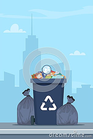Full garbage bin and black plastic trash bags around. Overflowing recycling container with trash. Black recycle can. Street dump Vector Illustration