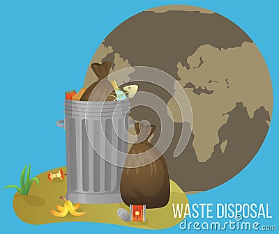 Full garbage bin and polluted planet vector illustration. Pile of different waste in trash can Vector Illustration