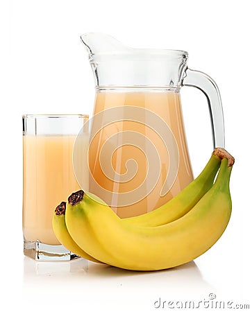 Full glass and jug of banana juice isolated Stock Photo