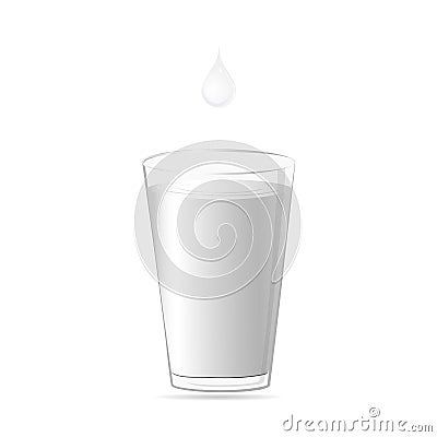 Full glass milk and drop milk isolated on white background. Vector . Vector Illustration