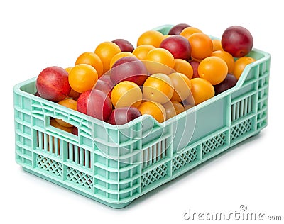 Full grocery box with cherry-plum isolated on white background, Stock Photo