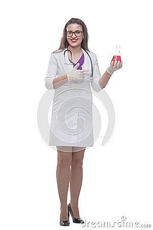 In full growth. female medic pointing to a bottle of liquid Stock Photo