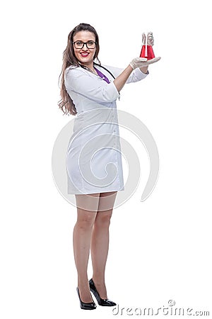 In full growth. female medic pointing to a bottle of liquid Stock Photo