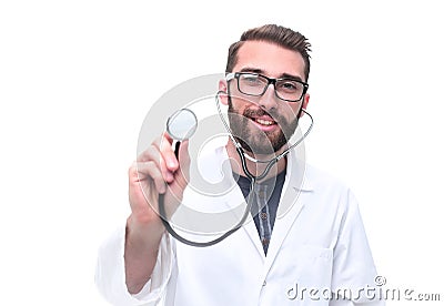 In full growth. General practitioner showing his stethoscope Stock Photo