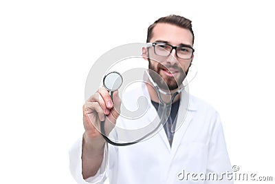 In full growth. General practitioner showing his stethoscope Stock Photo