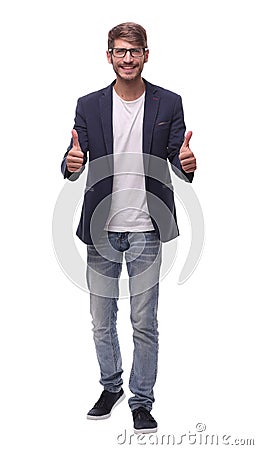 In full growth.smiling business man showing thumb up Stock Photo