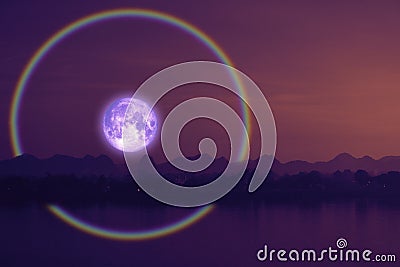 Full hay moon halo back silhouette mountain and river Stock Photo