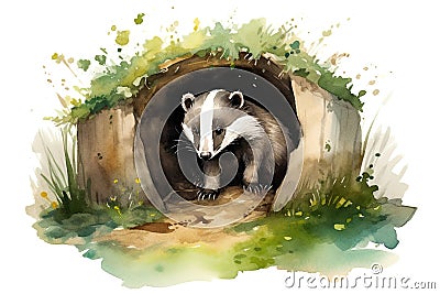 Full height cute happy european badger near hole in watercolour, created with Generative AI technology Stock Photo