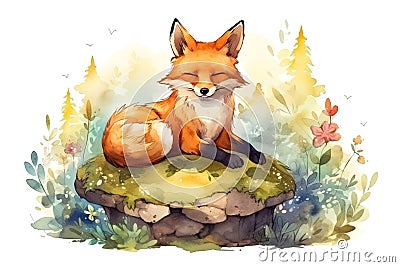 Full height cute happy fox resting in watercolour illustration, created with Generative AI technology Cartoon Illustration