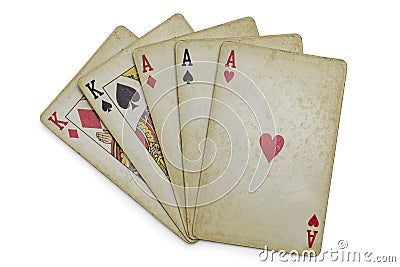 Full house aces and Kings old cards isolated Stock Photo