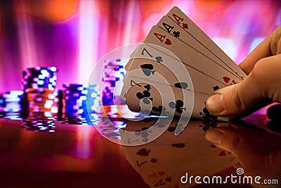 Full house poker cards combination on blurred background casino luck fortune Stock Photo