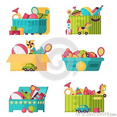 Full kid toys in boxes for kids play childhood babyroom container vector illustration Vector Illustration