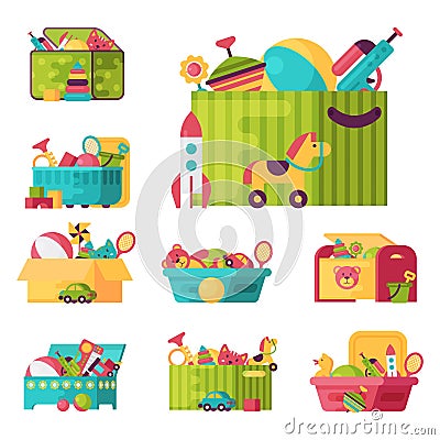 Full kid toys in boxes for kids play childhood babyroom container vector illustration Vector Illustration